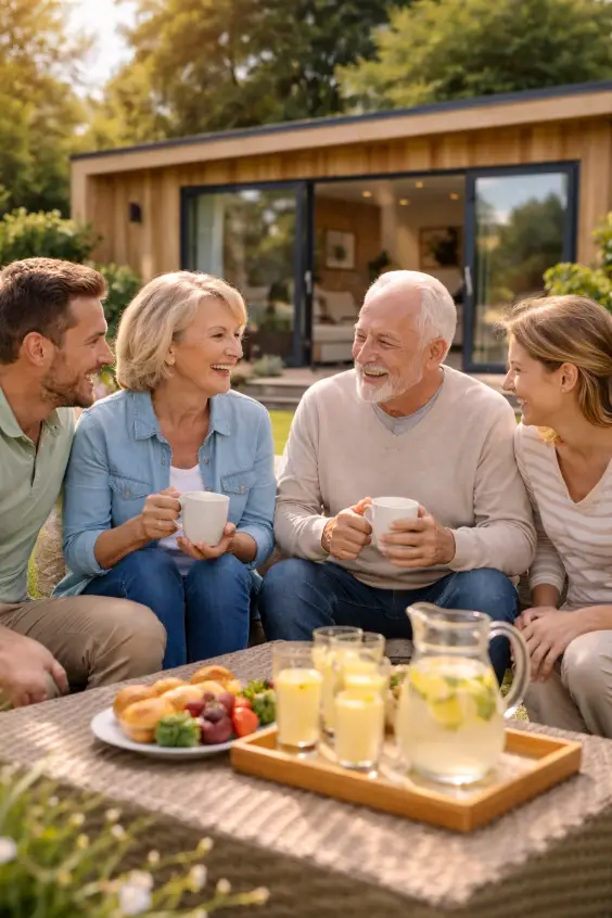 Family discussing granny annexe as an alternative to UK care homes