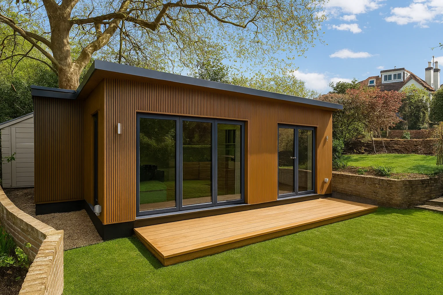 Custom built granny annexe with landscaped outdoor space and patio doors