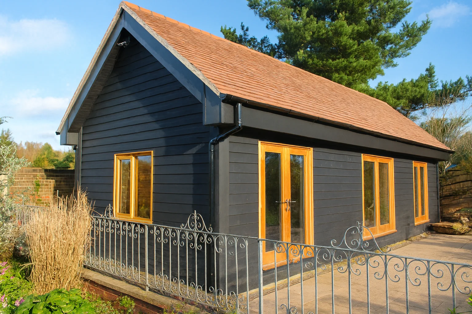 Fully fitted garden annexe exterior showing high quality UK build design